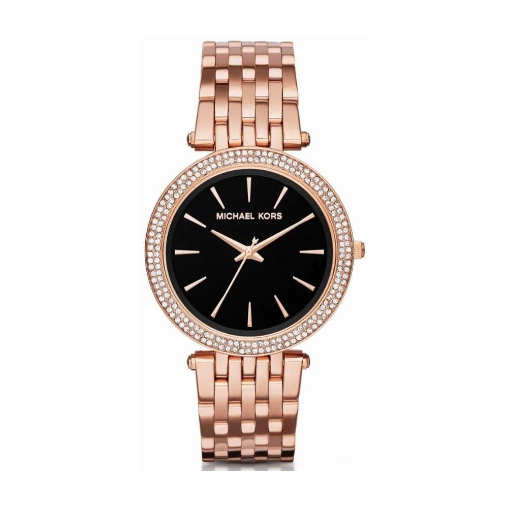 NWT Michael Kors Women Black Darci Rose Gold Pave Watch